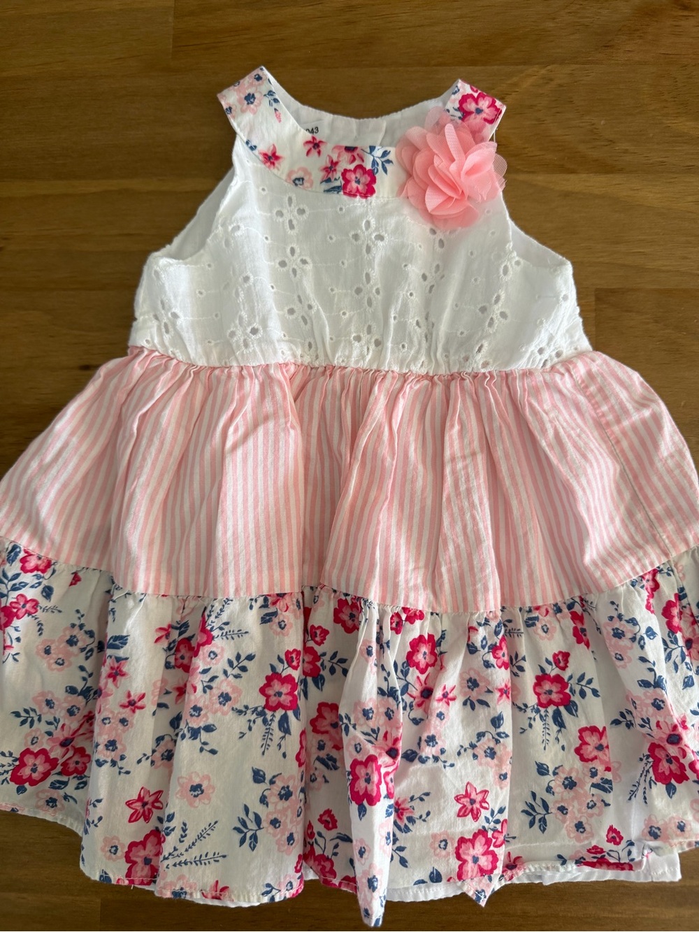 Girls Pink & White Floral Tiered Eyelet Dress Size 6-9M